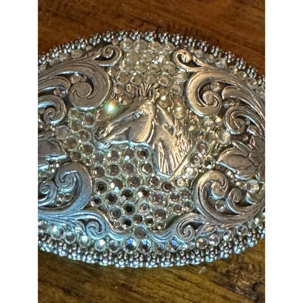 Nocona Silver Horse Head Rhinestone Western‎ Floral Scroll Oval Belt Buckle